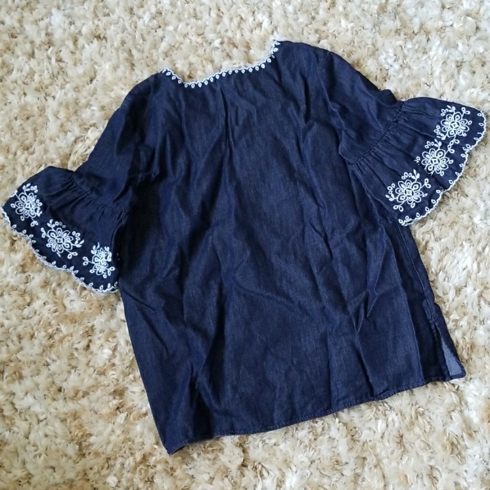 Chambray Embroidery Flutter Sleeve Blouse - image 6